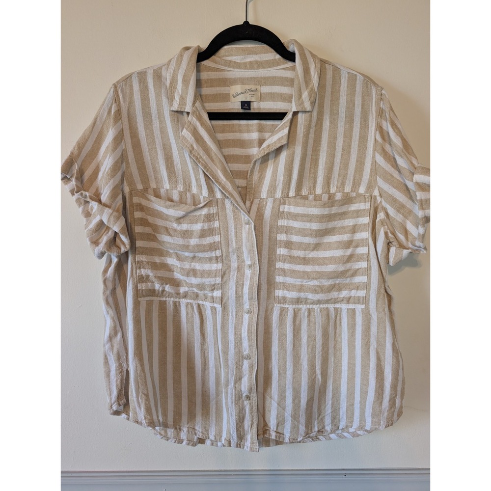 Universal Thread Striped Linen Button Up Size Medium Beige Beach Resort Coastal
